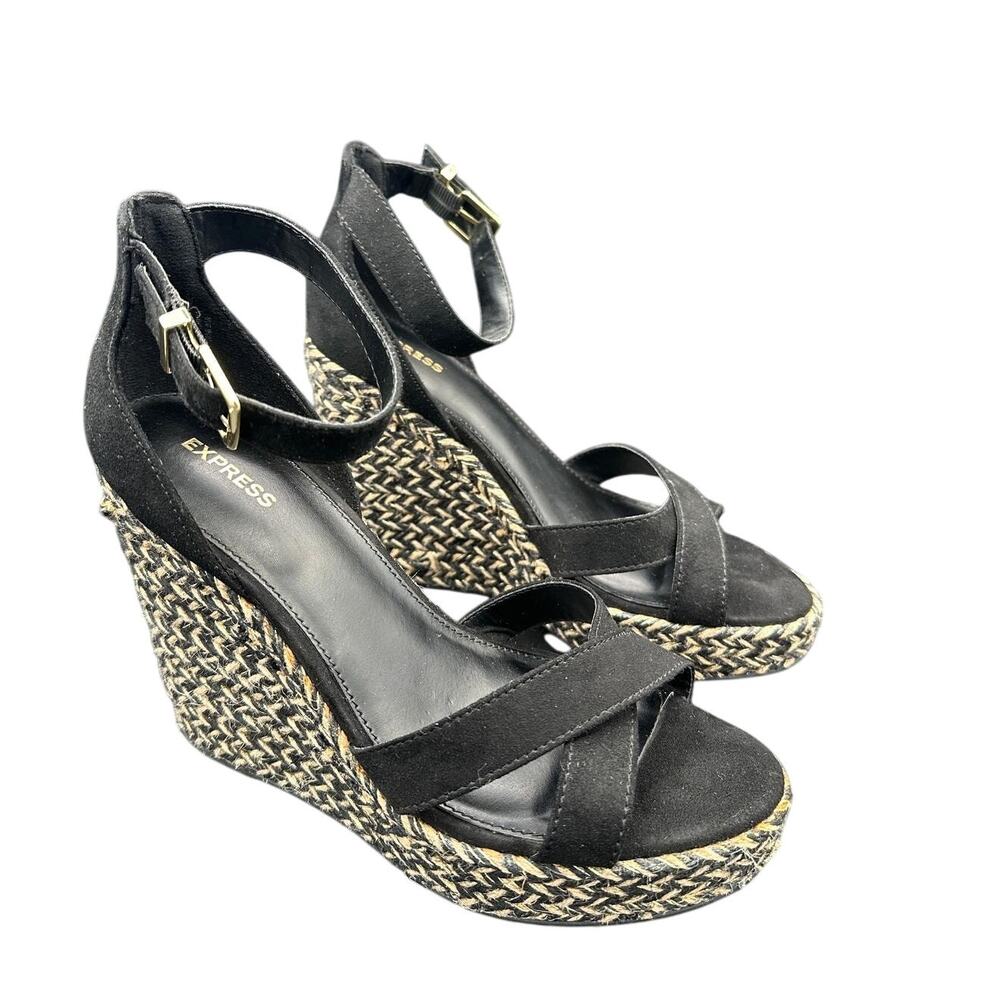 Express Black Wedge Ankle Strap High Sandals Buckle Resort Beach Size 9